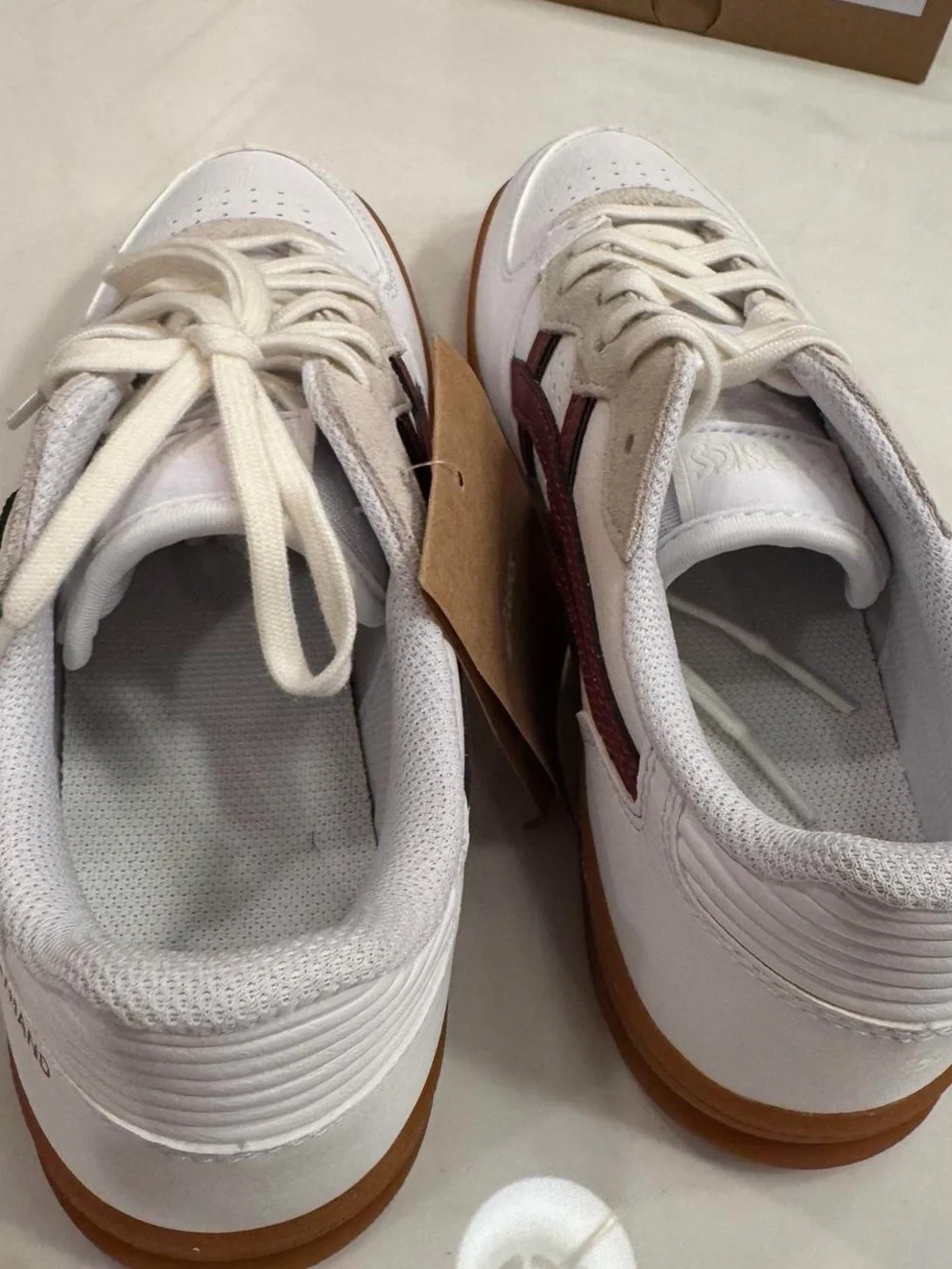 ASICS White Sneakers with Maroon Stripes and Gum Sole